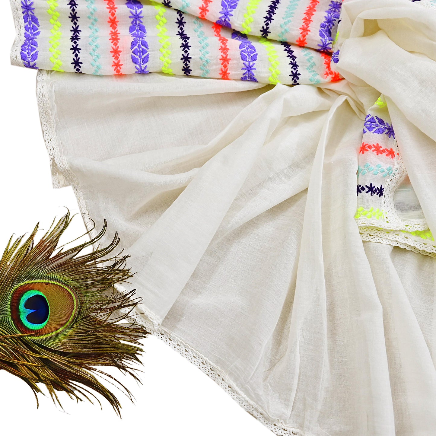 Indian Vintage White Dupatta Long Stole Hand Embroidered Pure Cotton Scarves Veil Mirror Soft Fringes