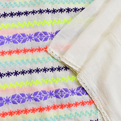 Indian Vintage White Dupatta Long Stole Hand Embroidered Pure Cotton Scarves Veil Mirror Soft Fringes
