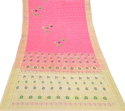 Indian Vintage Sari Heavy Pure Satin Silk Ivory & Pink saree Banarasi Brocade Saree Golden Zari 5Yard Fabric Ethnic Dressmaking