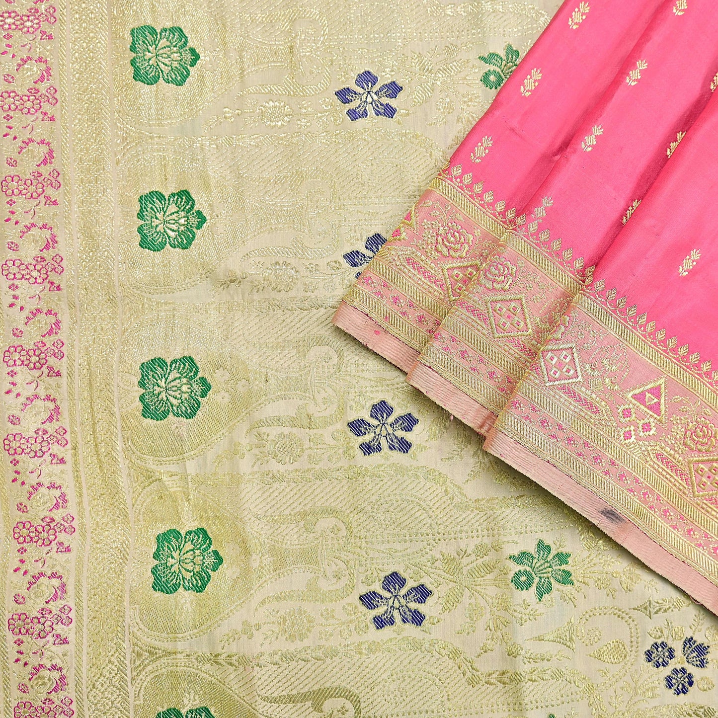 Indian Vintage Sari Heavy Pure Satin Silk Ivory & Pink saree Banarasi Brocade Saree Golden Zari 5Yard Fabric Ethnic Dressmaking