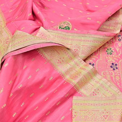 Indian Vintage Sari Heavy Pure Satin Silk Ivory & Pink saree Banarasi Brocade Saree Golden Zari 5Yard Fabric Ethnic Dressmaking