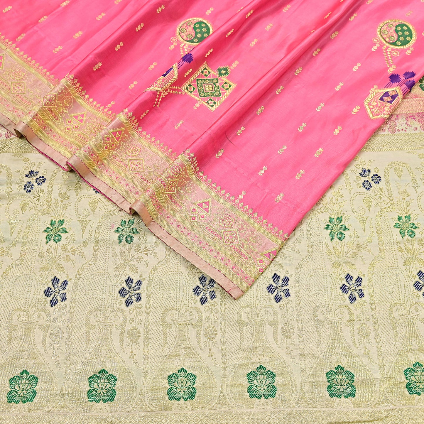 Indian Vintage Sari Heavy Pure Satin Silk Ivory & Pink saree Banarasi Brocade Saree Golden Zari 5Yard Fabric Ethnic Dressmaking