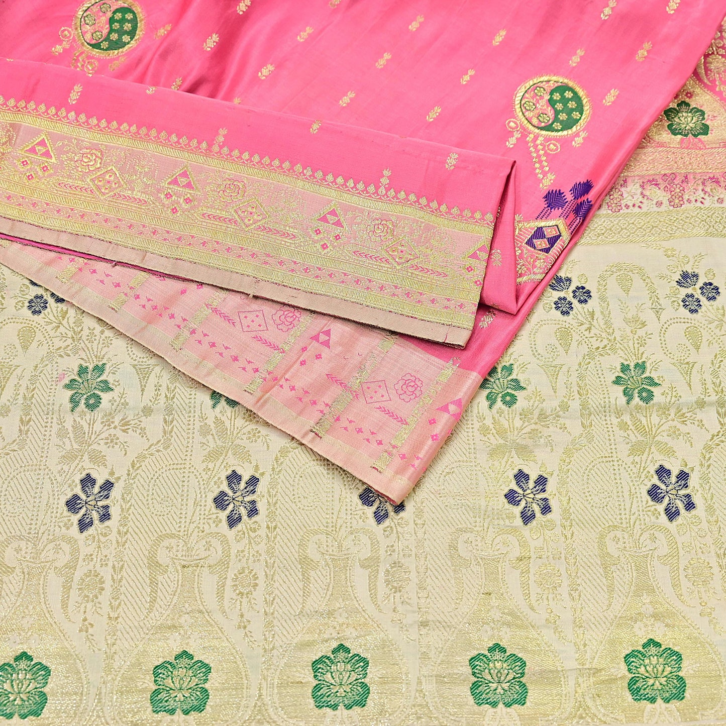 Indian Vintage Sari Heavy Pure Satin Silk Ivory & Pink saree Banarasi Brocade Saree Golden Zari 5Yard Fabric Ethnic Dressmaking