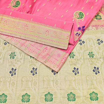 Indian Vintage Sari Heavy Pure Satin Silk Ivory & Pink saree Banarasi Brocade Saree Golden Zari 5Yard Fabric Ethnic Dressmaking