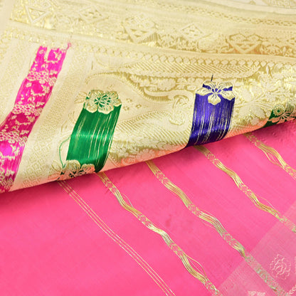 Indian Vintage Sari Heavy Pure Satin Silk Ivory & Pink saree Banarasi Brocade Saree Golden Zari 5Yard Fabric Ethnic Dressmaking