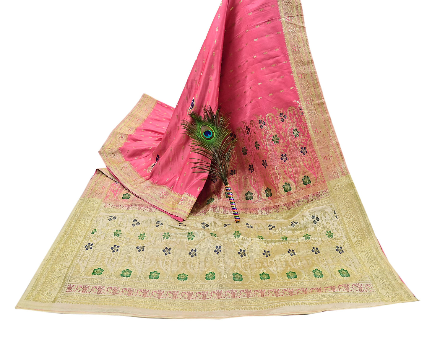 Indian Vintage Sari Heavy Pure Satin Silk Ivory & Pink saree Banarasi Brocade Saree Golden Zari 5Yard Fabric Ethnic Dressmaking