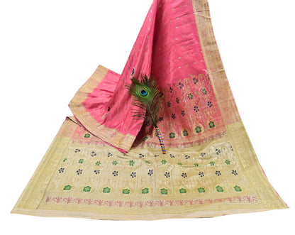 Indian Vintage Sari Heavy Pure Satin Silk Ivory & Pink saree Banarasi Brocade Saree Golden Zari 5Yard Fabric Ethnic Dressmaking