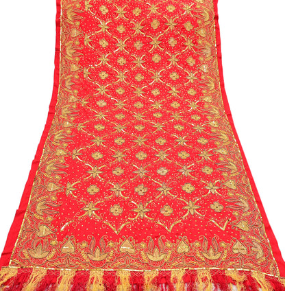 Indian Vintage Heavy Red Dupatta Georgette Long Stole Hand Embroidered Scarf Zari Zardozi Wedding/Bridal Veil Hijab