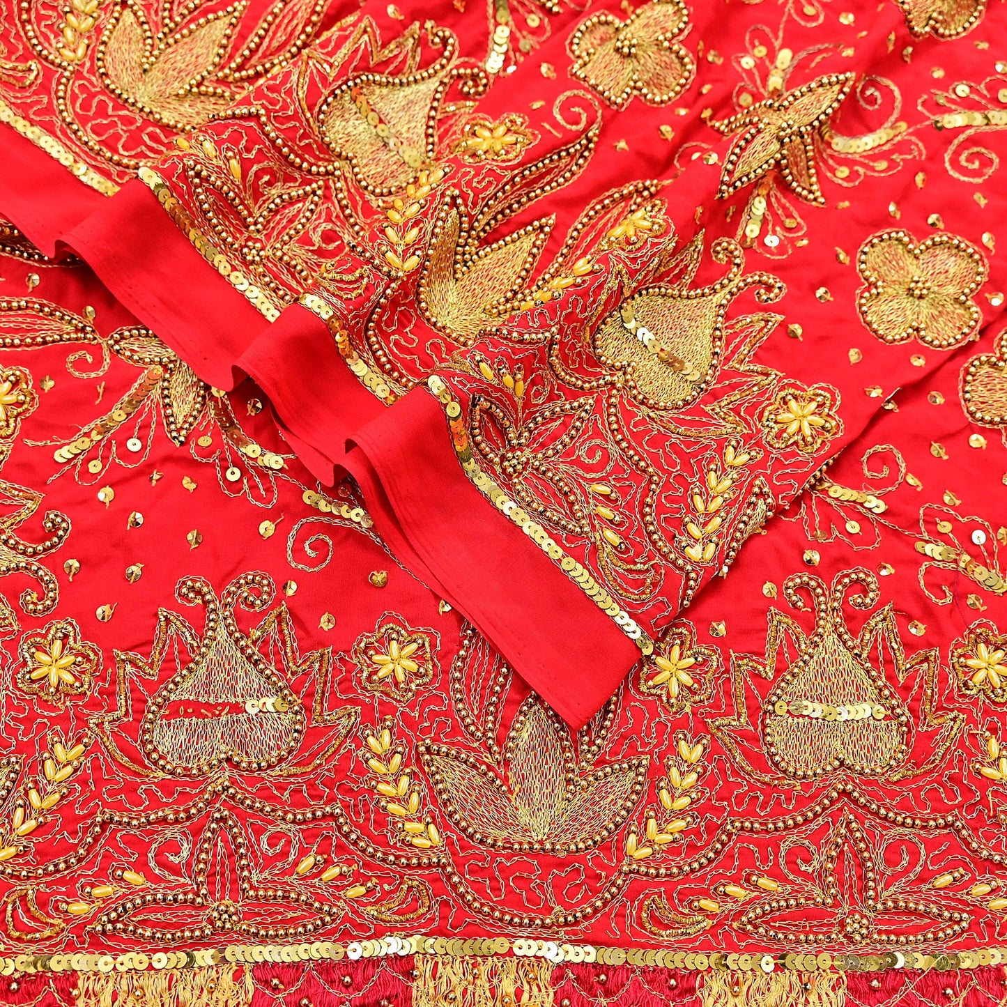 Indian Vintage Heavy Red Dupatta Georgette Long Stole Hand Embroidered Scarf Zari Zardozi Wedding/Bridal Veil Hijab