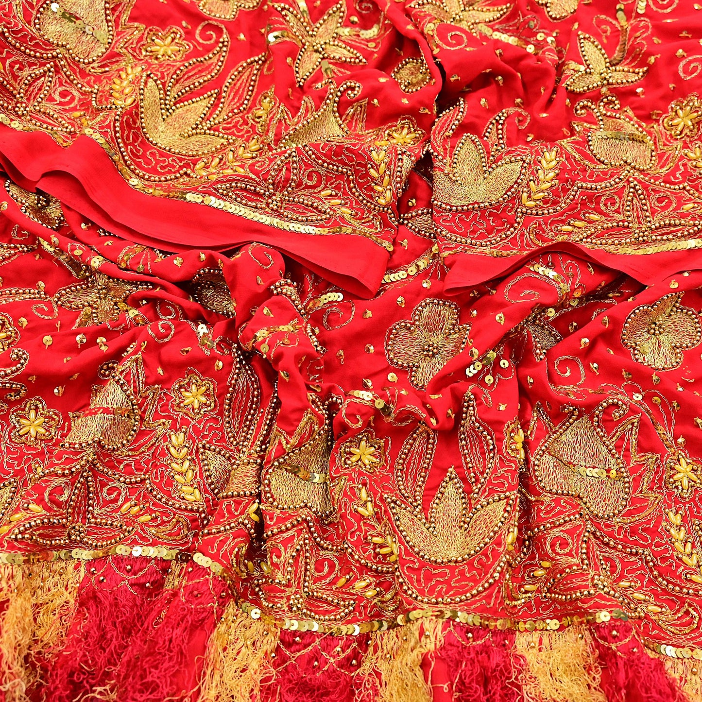 Indian Vintage Heavy Red Dupatta Georgette Long Stole Hand Embroidered Scarf Zari Zardozi Wedding/Bridal Veil Hijab