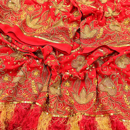 Indian Vintage Heavy Red Dupatta Georgette Long Stole Hand Embroidered Scarf Zari Zardozi Wedding/Bridal Veil Hijab