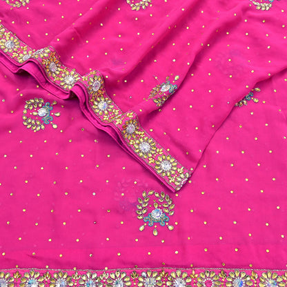 Indian Vintage Heavy Pink Dupatta Pure Georgette Silk Hand Embroidered Zardozi, Dabka, Zari Work Party Wear Long Stole