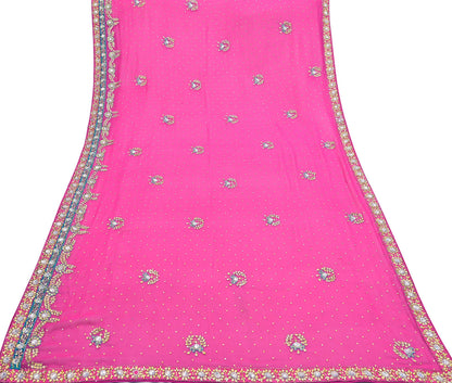 Indian Vintage Heavy Pink Dupatta Pure Georgette Silk Hand Embroidered Zardozi, Dabka, Zari Work Party Wear Long Stole