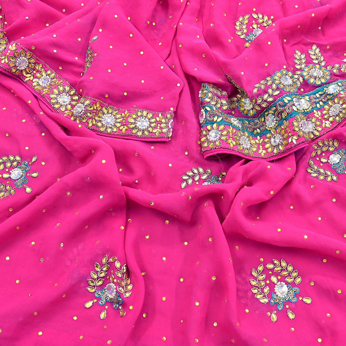 Indian Vintage Heavy Pink Dupatta Pure Georgette Silk Hand Embroidered Zardozi, Dabka, Zari Work Party Wear Long Stole