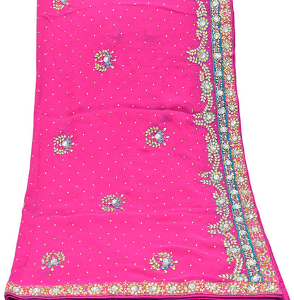 Indian Vintage Heavy Pink Dupatta Pure Georgette Silk Hand Embroidered Zardozi, Dabka, Zari Work Party Wear Long Stole