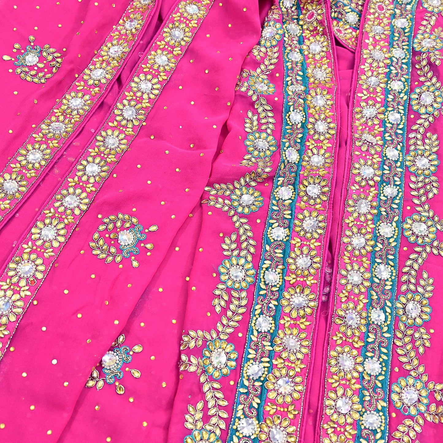 Indian Vintage Heavy Pink Dupatta Pure Georgette Silk Hand Embroidered Zardozi, Dabka, Zari Work Party Wear Long Stole