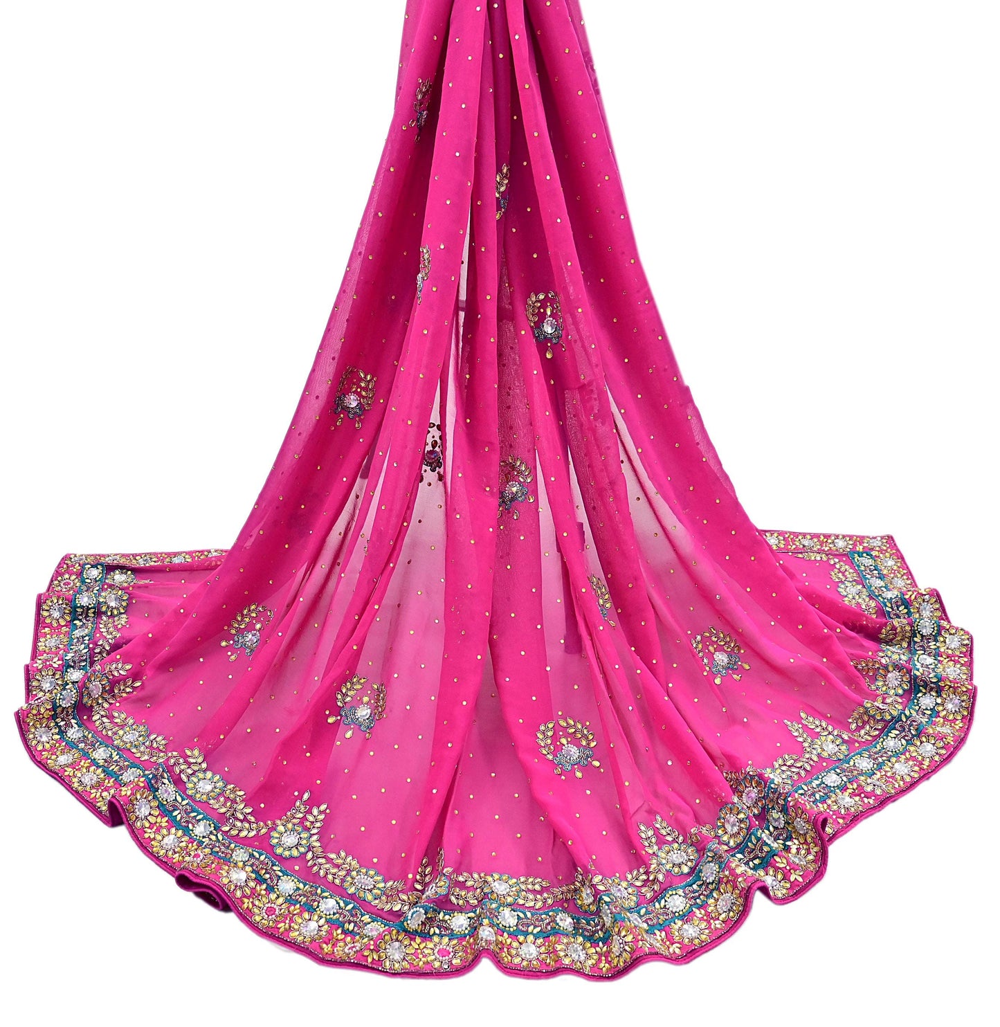 Indian Vintage Heavy Pink Dupatta Pure Georgette Silk Hand Embroidered Zardozi, Dabka, Zari Work Party Wear Long Stole