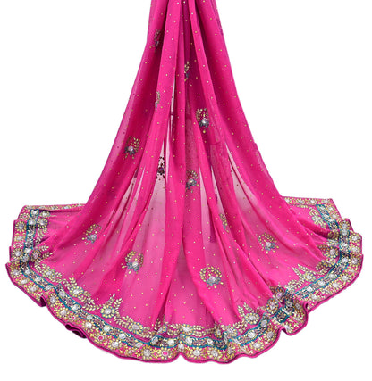 Indian Vintage Heavy Pink Dupatta Pure Georgette Silk Hand Embroidered Zardozi, Dabka, Zari Work Party Wear Long Stole