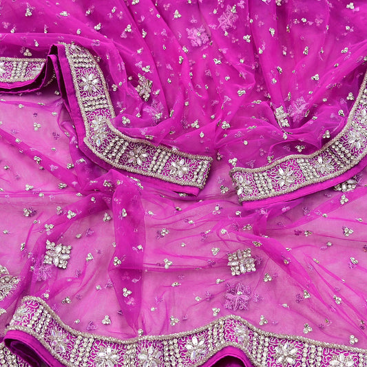 Indian Vintage wedding Hand Embroidered Purple Net Dupatta Zardozi Stole Veil Hijab Bridal