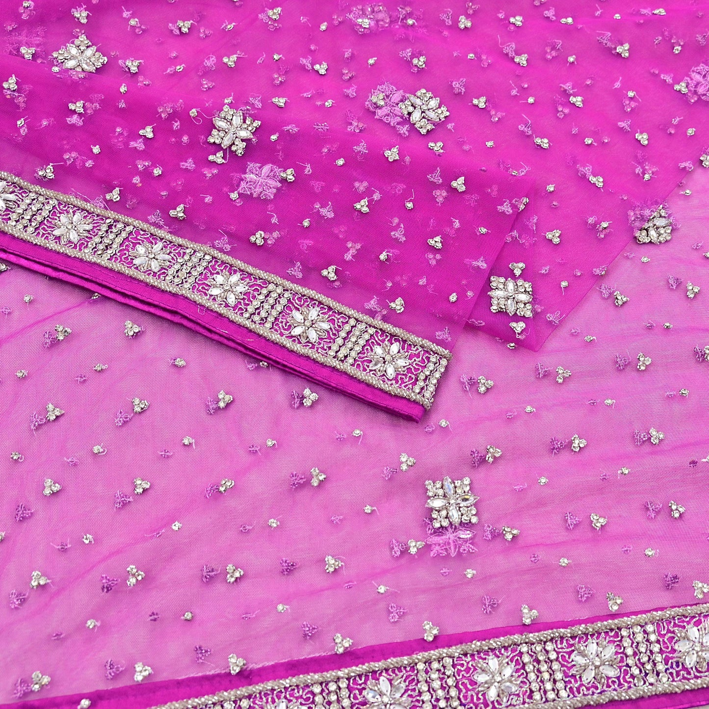 Indian Vintage wedding Hand Embroidered Purple Net Dupatta Zardozi Stole Veil Hijab Bridal