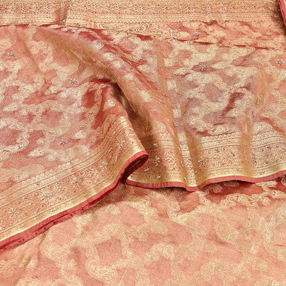 Indian Vintage Sari Golden Red Tissue Hand Embroidered Sarees Craft Fabric 5Yd Sewing Soft Ethnic Zardozi/Zari Dress making Crafting