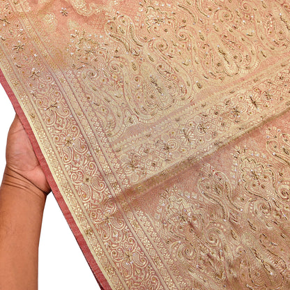 Indian Vintage Sari Golden Red Tissue Hand Embroidered Sarees Craft Fabric 5Yd Sewing Soft Ethnic Zardozi/Zari Dress making Crafting