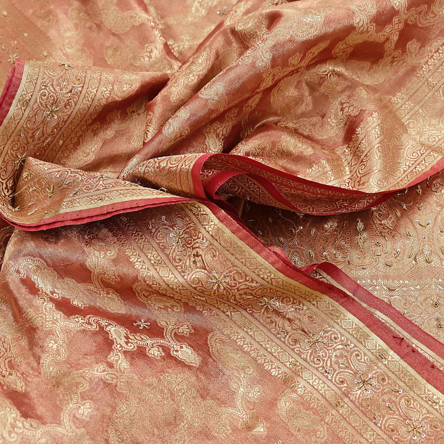 Indian Vintage Sari Golden Red Tissue Hand Embroidered Sarees Craft Fabric 5Yd Sewing Soft Ethnic Zardozi/Zari Dress making Crafting