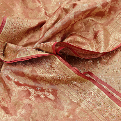Indian Vintage Sari Golden Red Tissue Hand Embroidered Sarees Craft Fabric 5Yd Sewing Soft Ethnic Zardozi/Zari Dress making Crafting