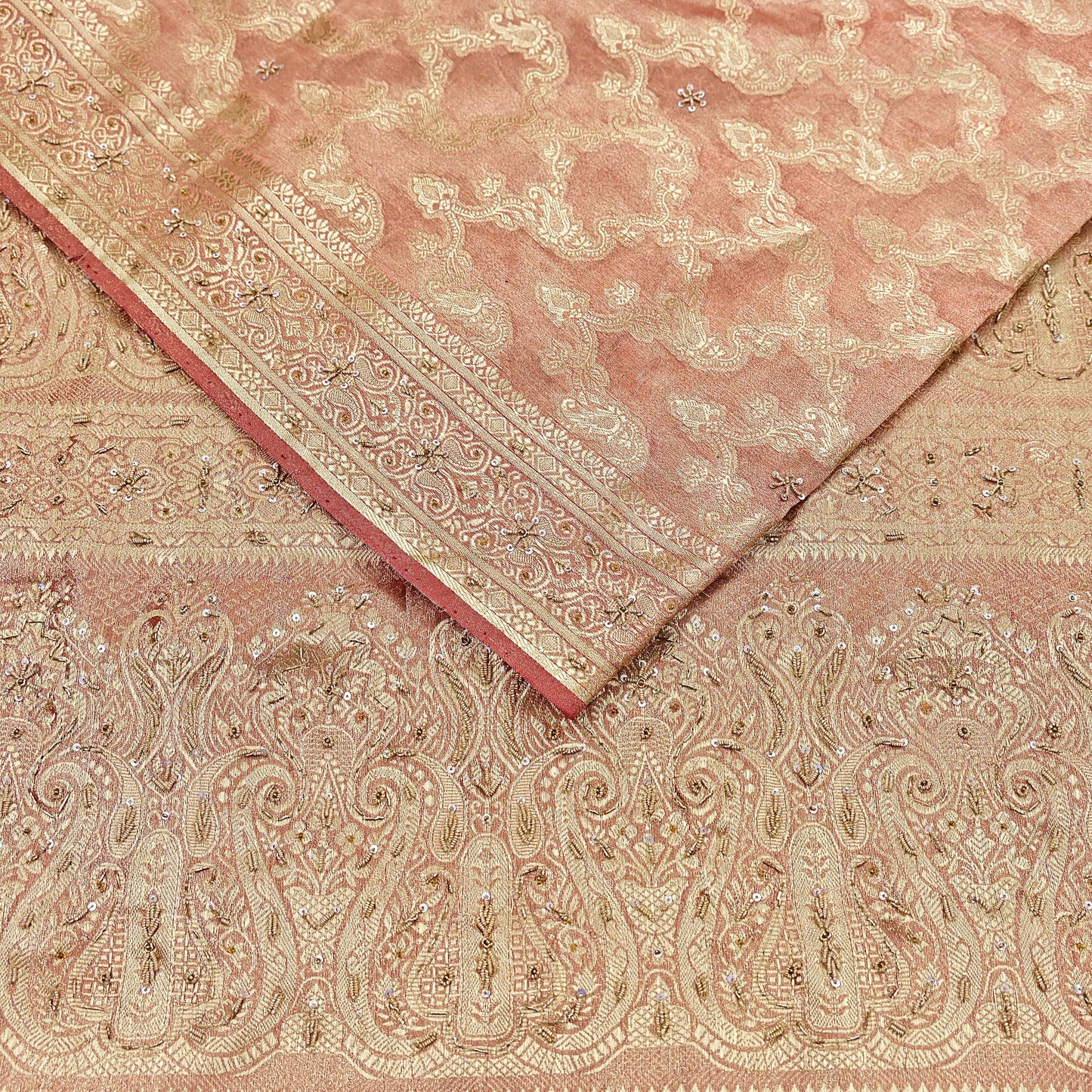 Indian Vintage Sari Golden Red Tissue Hand Embroidered Sarees Craft Fabric 5Yd Sewing Soft Ethnic Zardozi/Zari Dress making Crafting