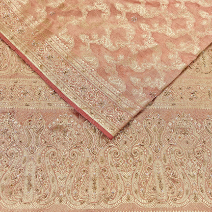 Indian Vintage Sari Golden Red Tissue Hand Embroidered Sarees Craft Fabric 5Yd Sewing Soft Ethnic Zardozi/Zari Dress making Crafting
