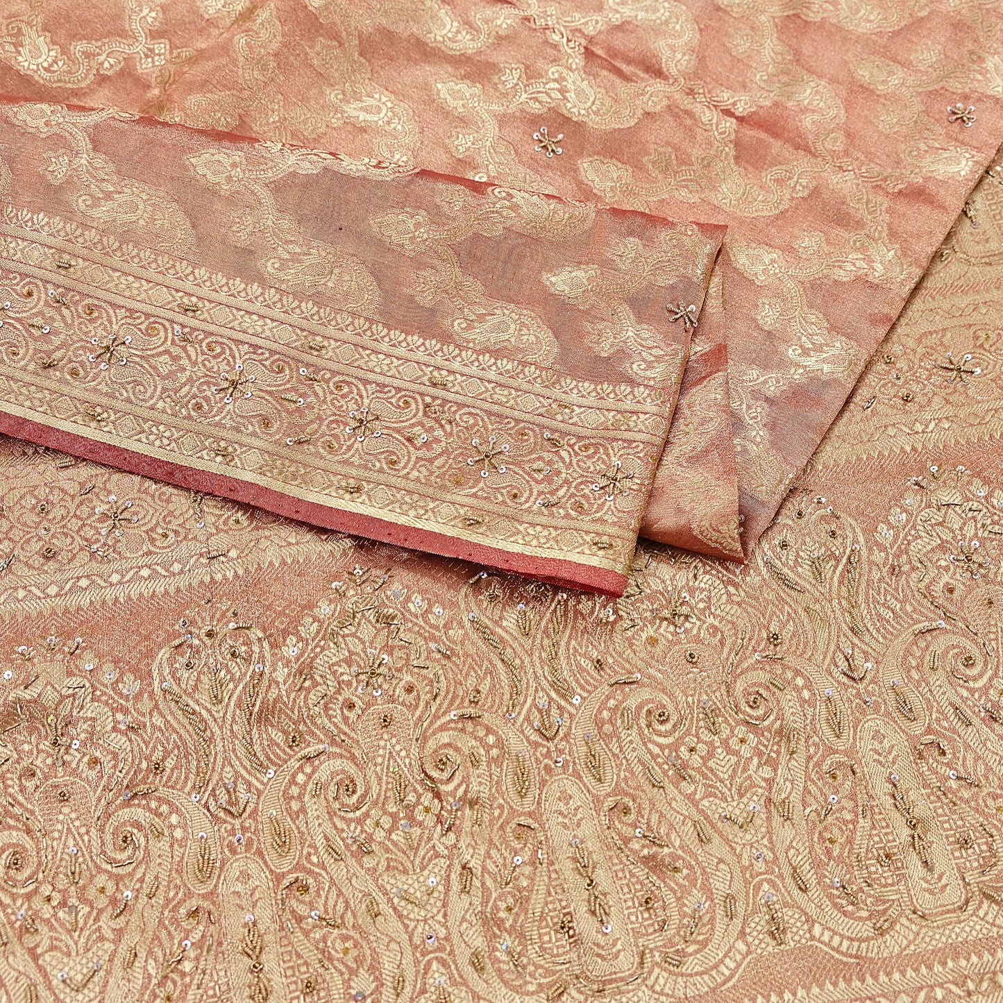Indian Vintage Sari Golden Red Tissue Hand Embroidered Sarees Craft Fabric 5Yd Sewing Soft Ethnic Zardozi/Zari Dress making Crafting