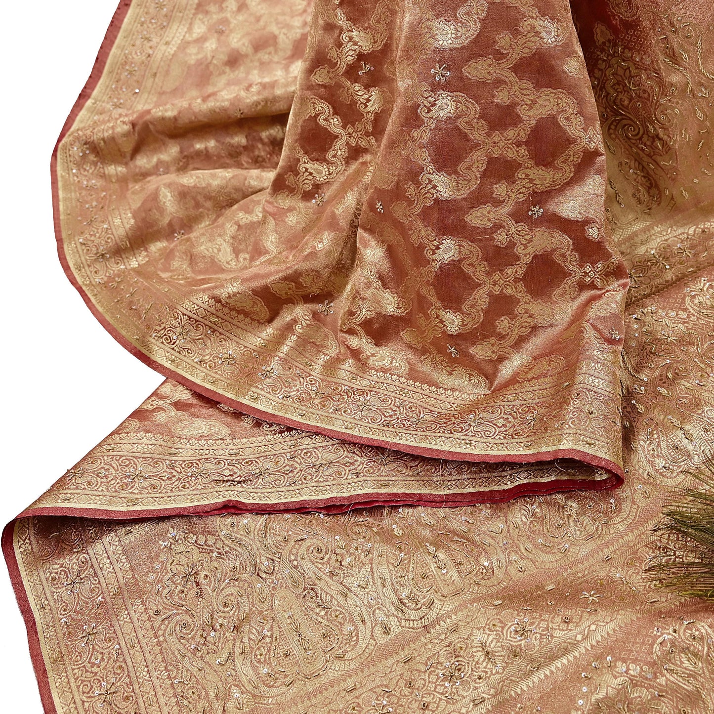 Indian Vintage Sari Golden Red Tissue Hand Embroidered Sarees Craft Fabric 5Yd Sewing Soft Ethnic Zardozi/Zari Dress making Crafting