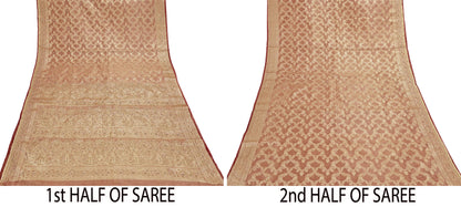 Indian Vintage Sari Golden Red Tissue Hand Embroidered Sarees Craft Fabric 5Yd Sewing Soft Ethnic Zardozi/Zari Dress making Crafting