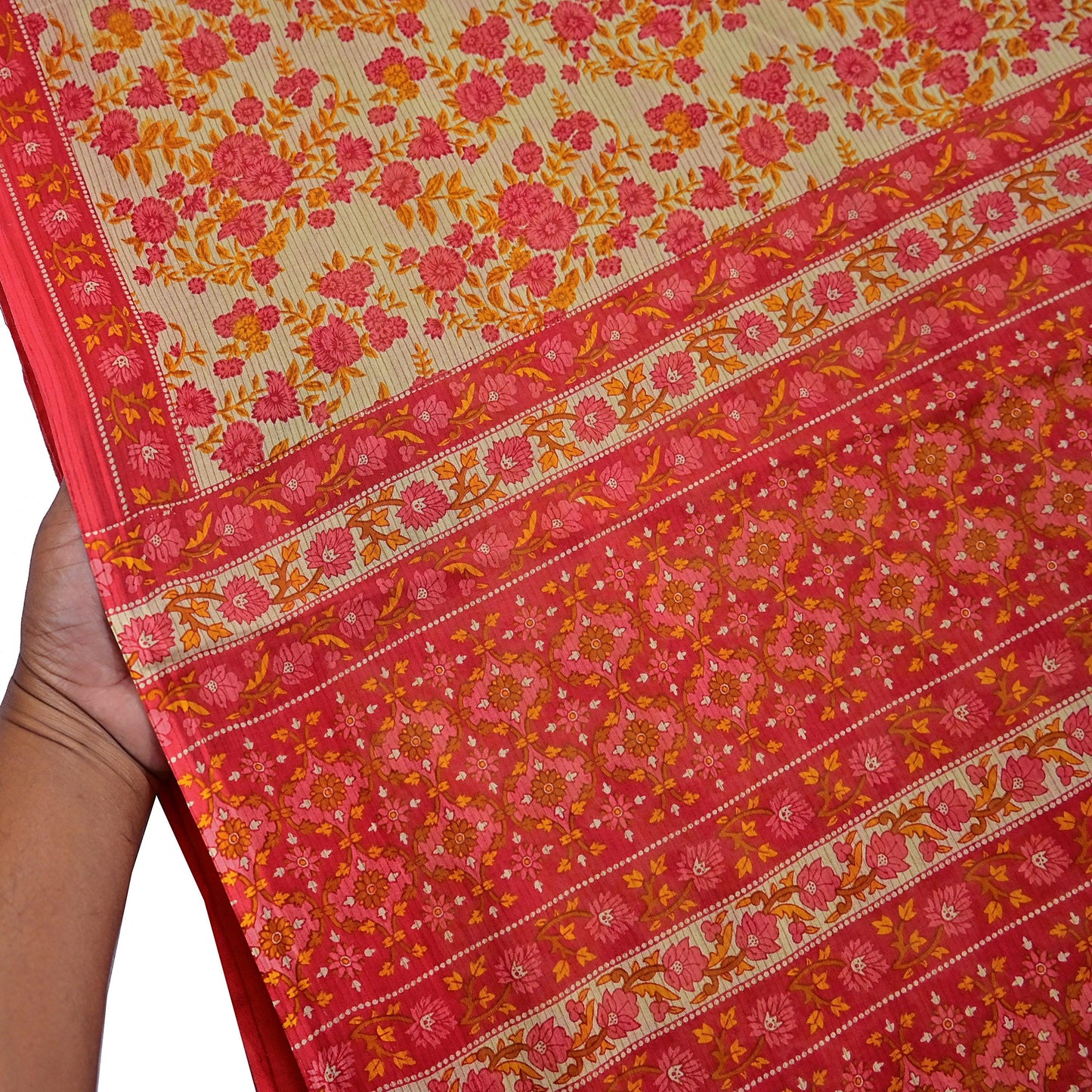 Indian Vintage Red & Beige Saree Printed 100% Pure Cotton Sari Craft Fabric 5Yd Soft Sewing Sarong Wrap Dress Making Quilting Crafting
