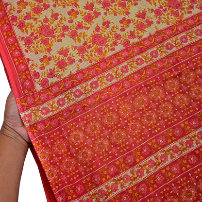 Indian Vintage Red & Beige Saree Printed 100% Pure Cotton Sari Craft Fabric 5Yd Soft Sewing Sarong Wrap Dress Making Quilting Crafting