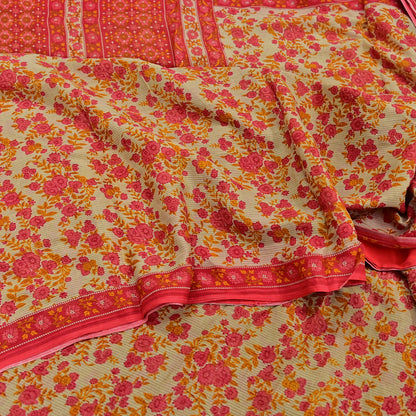 Indian Vintage Red & Beige Saree Printed 100% Pure Cotton Sari Craft Fabric 5Yd Soft Sewing Sarong Wrap Dress Making Quilting Crafting