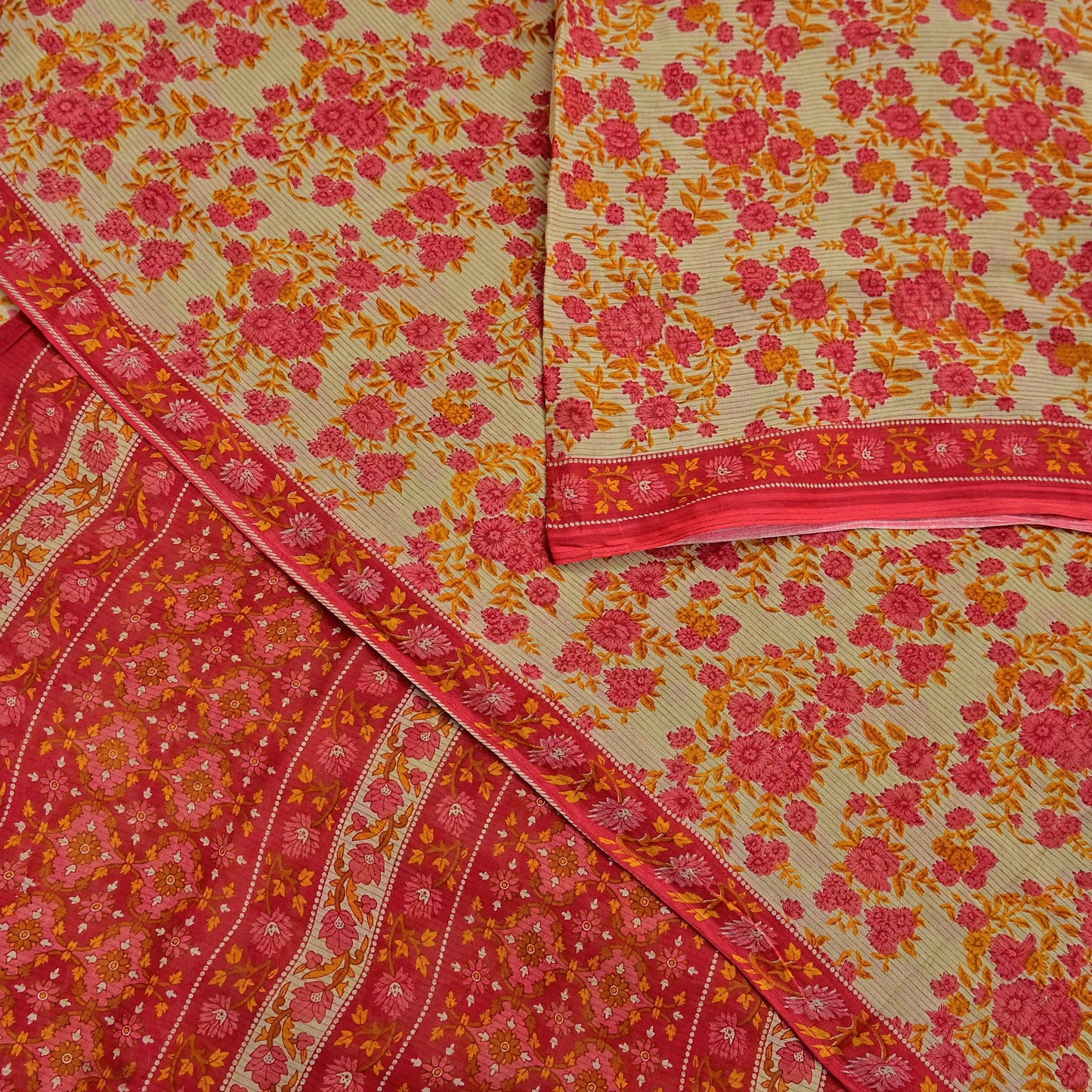 Indian Vintage Red & Beige Saree Printed 100% Pure Cotton Sari Craft Fabric 5Yd Soft Sewing Sarong Wrap Dress Making Quilting Crafting
