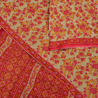 Indian Vintage Red & Beige Saree Printed 100% Pure Cotton Sari Craft Fabric 5Yd Soft Sewing Sarong Wrap Dress Making Quilting Crafting