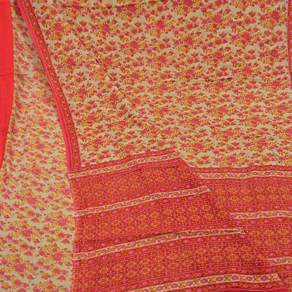 Indian Vintage Red & Beige Saree Printed 100% Pure Cotton Sari Craft Fabric 5Yd Soft Sewing Sarong Wrap Dress Making Quilting Crafting