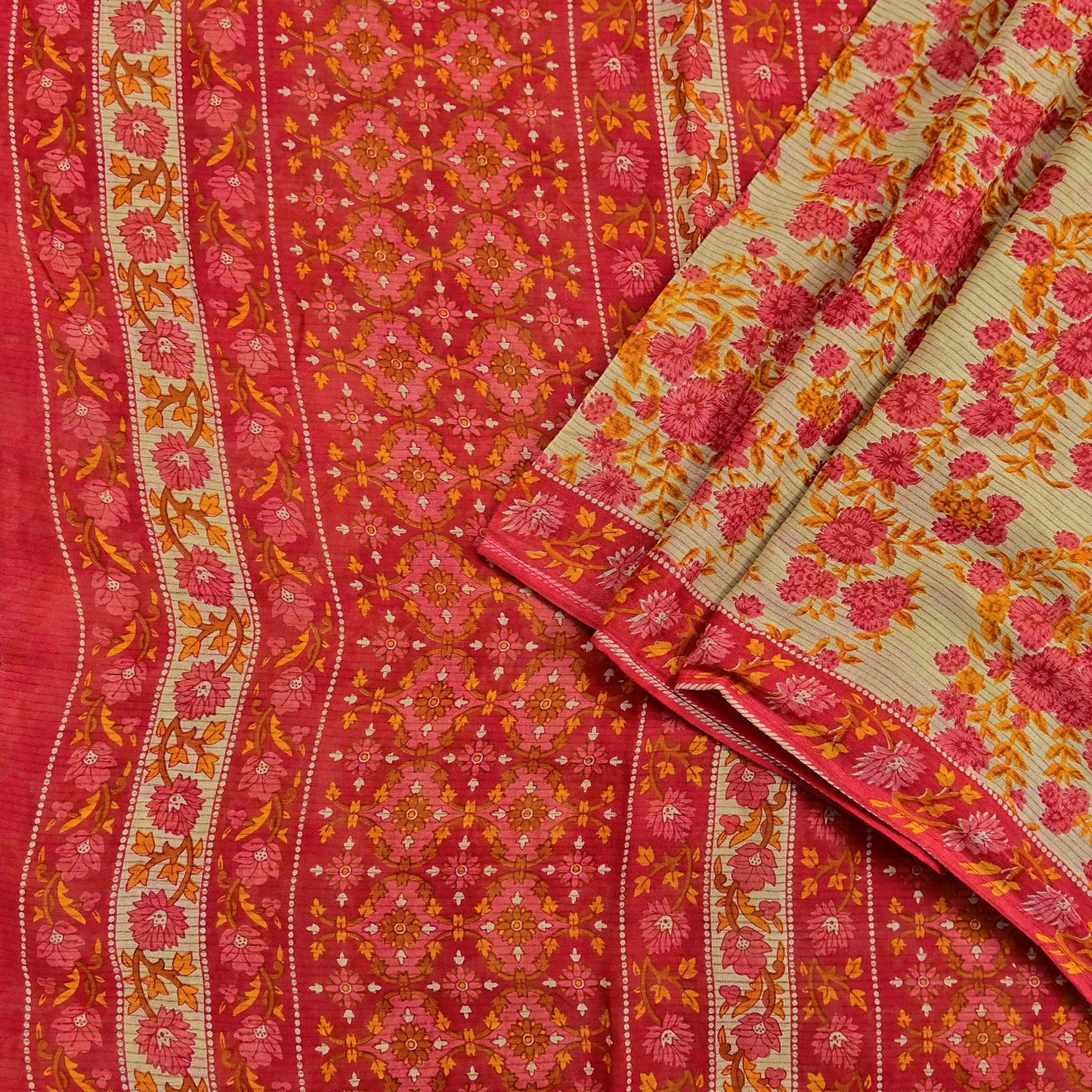 Indian Vintage Red & Beige Saree Printed 100% Pure Cotton Sari Craft Fabric 5Yd Soft Sewing Sarong Wrap Dress Making Quilting Crafting