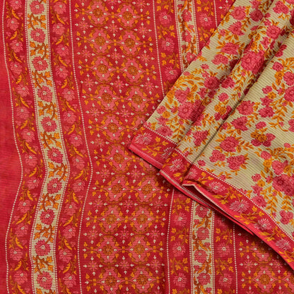 Indian Vintage Red & Beige Saree Printed 100% Pure Cotton Sari Craft Fabric 5Yd Soft Sewing Sarong Wrap Dress Making Quilting Crafting