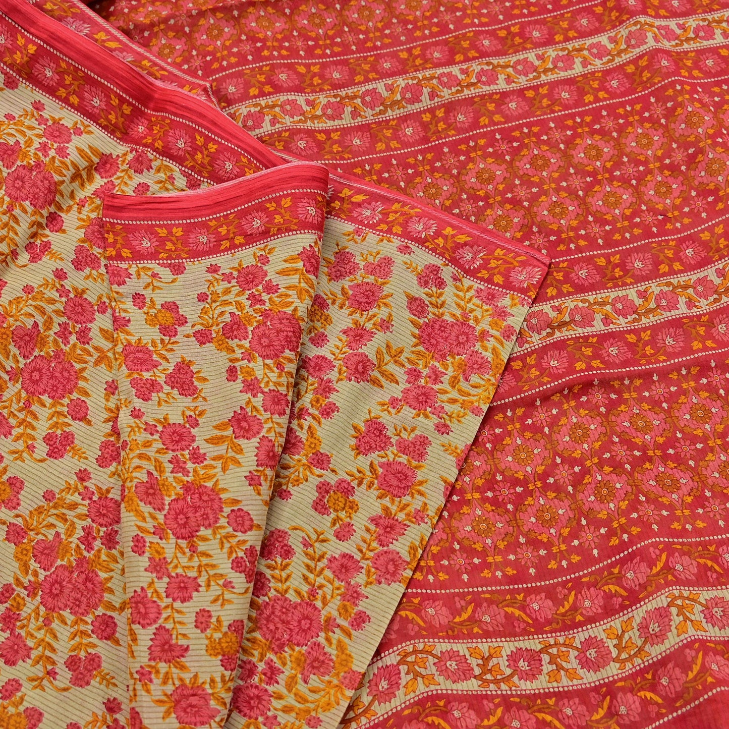 Indian Vintage Red & Beige Saree Printed 100% Pure Cotton Sari Craft Fabric 5Yd Soft Sewing Sarong Wrap Dress Making Quilting Crafting