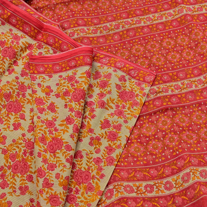 Indian Vintage Red & Beige Saree Printed 100% Pure Cotton Sari Craft Fabric 5Yd Soft Sewing Sarong Wrap Dress Making Quilting Crafting