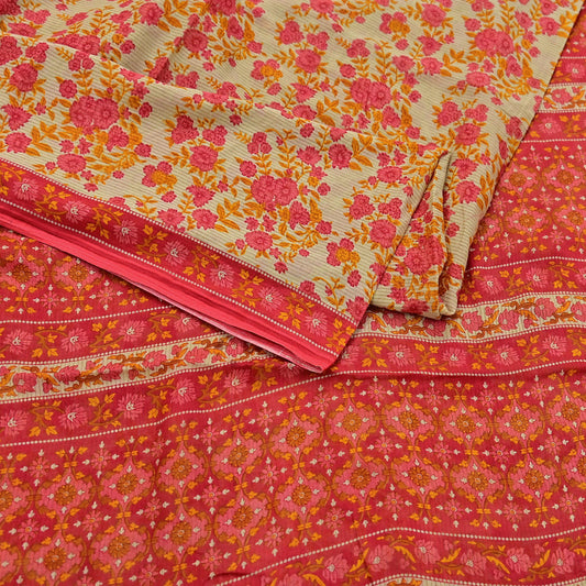Indian Vintage Red & Beige Saree Printed 100% Pure Cotton Sari Craft Fabric 5Yd Soft Sewing Sarong Wrap Dress Making Quilting Crafting