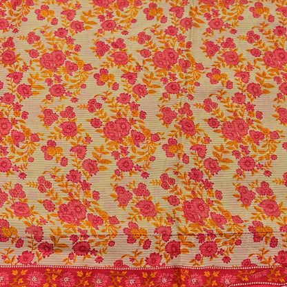 Indian Vintage Red & Beige Saree Printed 100% Pure Cotton Sari Craft Fabric 5Yd Soft Sewing Sarong Wrap Dress Making Quilting Crafting