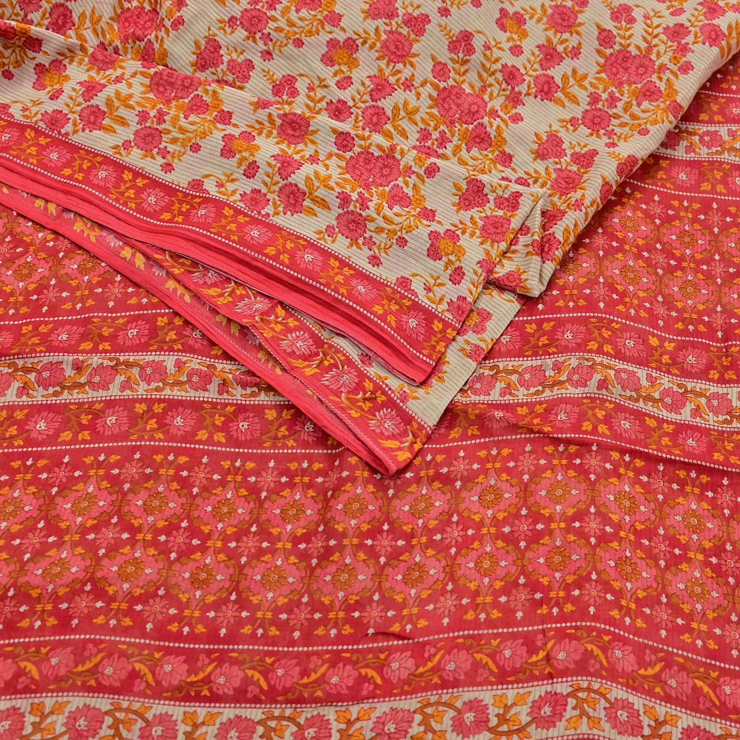 Indian Vintage Red & Beige Saree Printed 100% Pure Cotton Sari Craft Fabric 5Yd Soft Sewing Sarong Wrap Dress Making Quilting Crafting