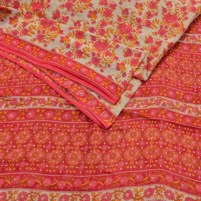 Indian Vintage Red & Beige Saree Printed 100% Pure Cotton Sari Craft Fabric 5Yd Soft Sewing Sarong Wrap Dress Making Quilting Crafting
