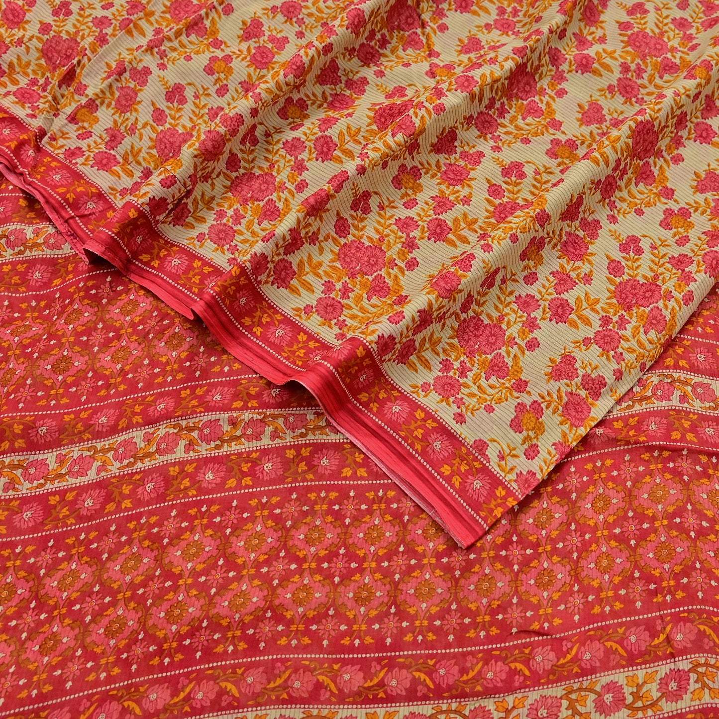 Indian Vintage Red & Beige Saree Printed 100% Pure Cotton Sari Craft Fabric 5Yd Soft Sewing Sarong Wrap Dress Making Quilting Crafting