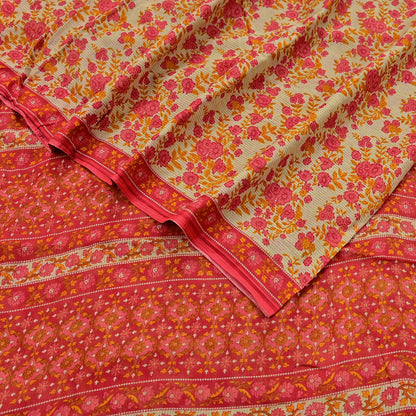 Indian Vintage Red & Beige Saree Printed 100% Pure Cotton Sari Craft Fabric 5Yd Soft Sewing Sarong Wrap Dress Making Quilting Crafting
