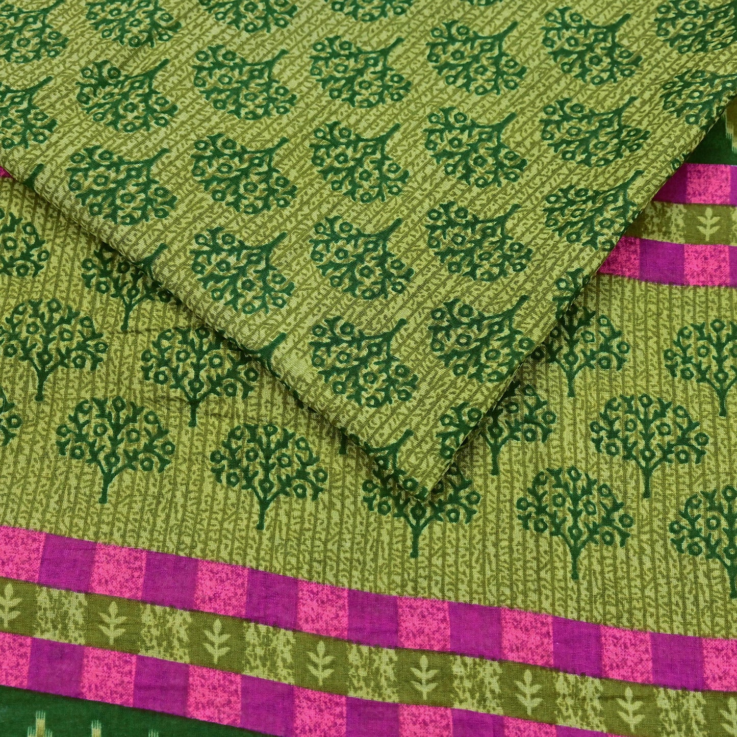 Indian Vintage Green Pure Cotton Saree Traditional Ikat Elephant Print 5 Yard Fabric Lightweight Boho Craft Material